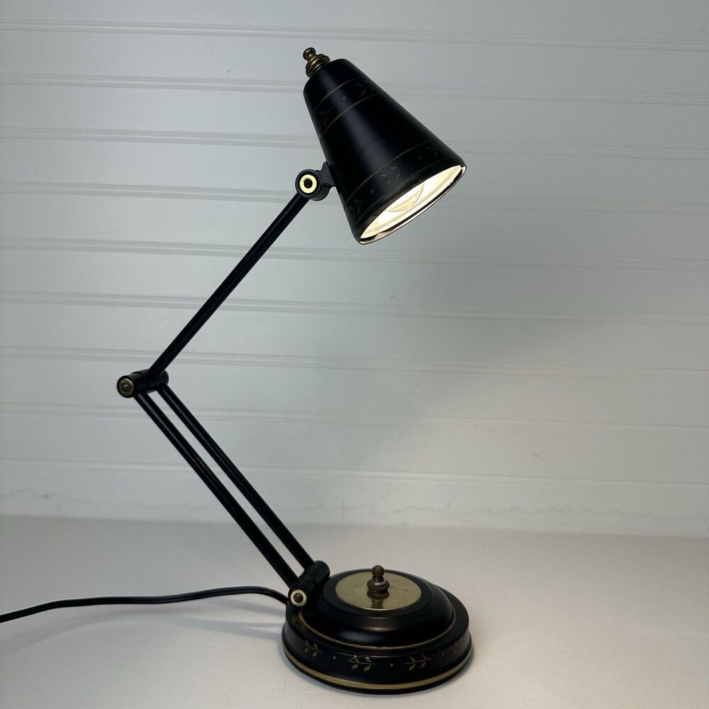 Mid Century Heyco Adjustable Arm Black Toleware Metal Table Desk Lamp Vintage